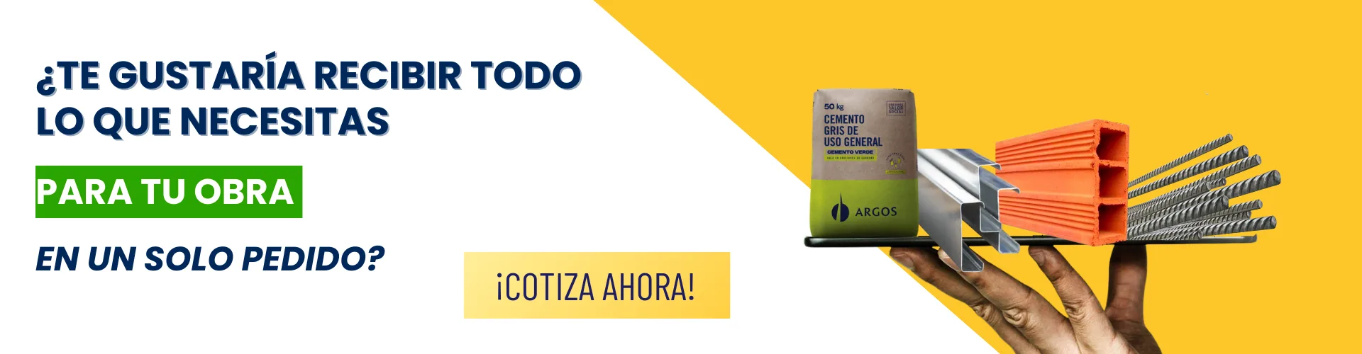 Banner de cotización para materiales de construcción, con cemento, ladrillos, varillas y acero estructural en fondo amarillo.